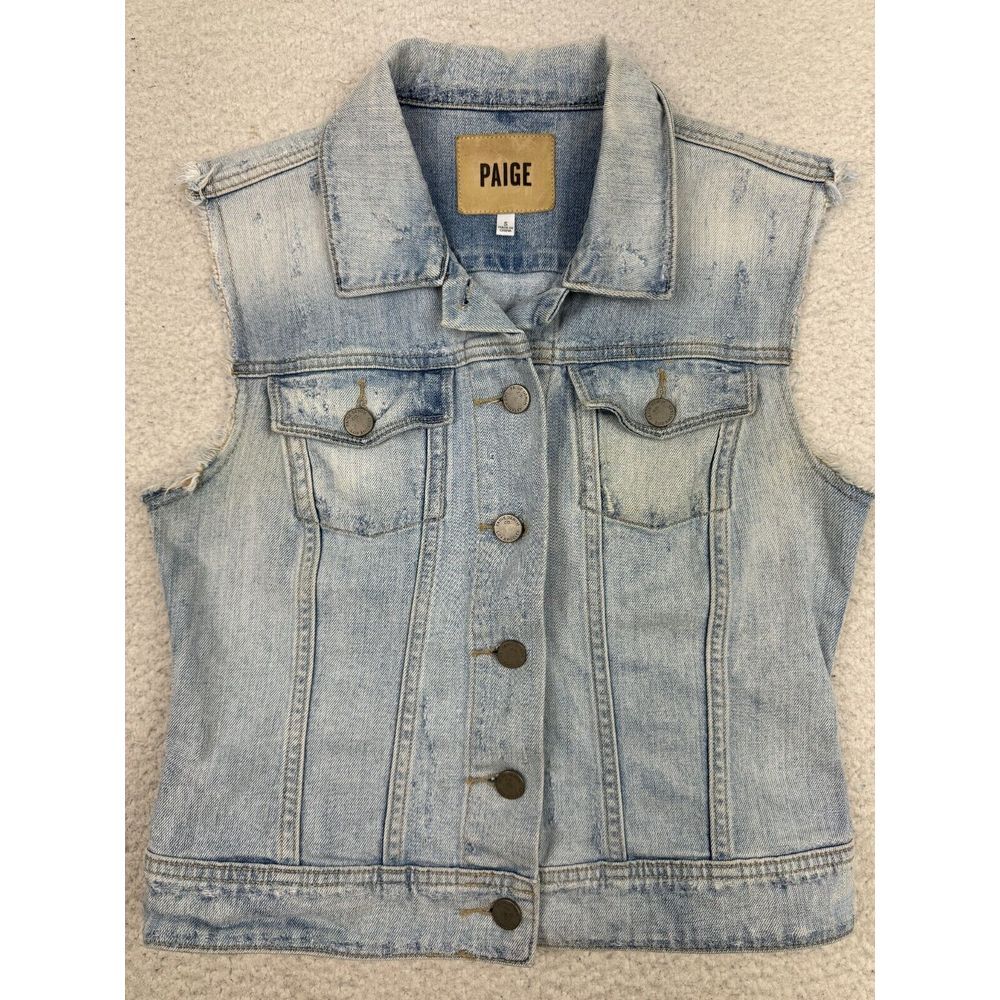Paige Denim Jean Jacket Vest Women's Small Blue Light Wash Distressed Button Up‎